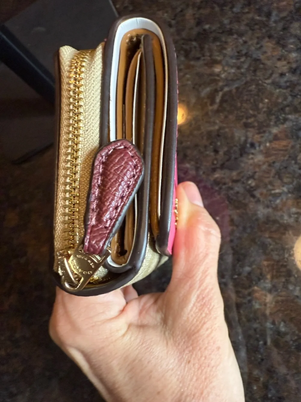 Coach Pink Textured Leather Compact Wallet with Gold Logo